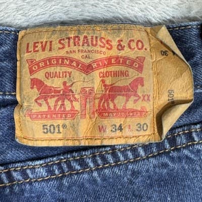 Levis 501 Jeans Mens 34x28 (34x30) Blue Wash Button Fly Straight Leg Denim - Thumbnail 3