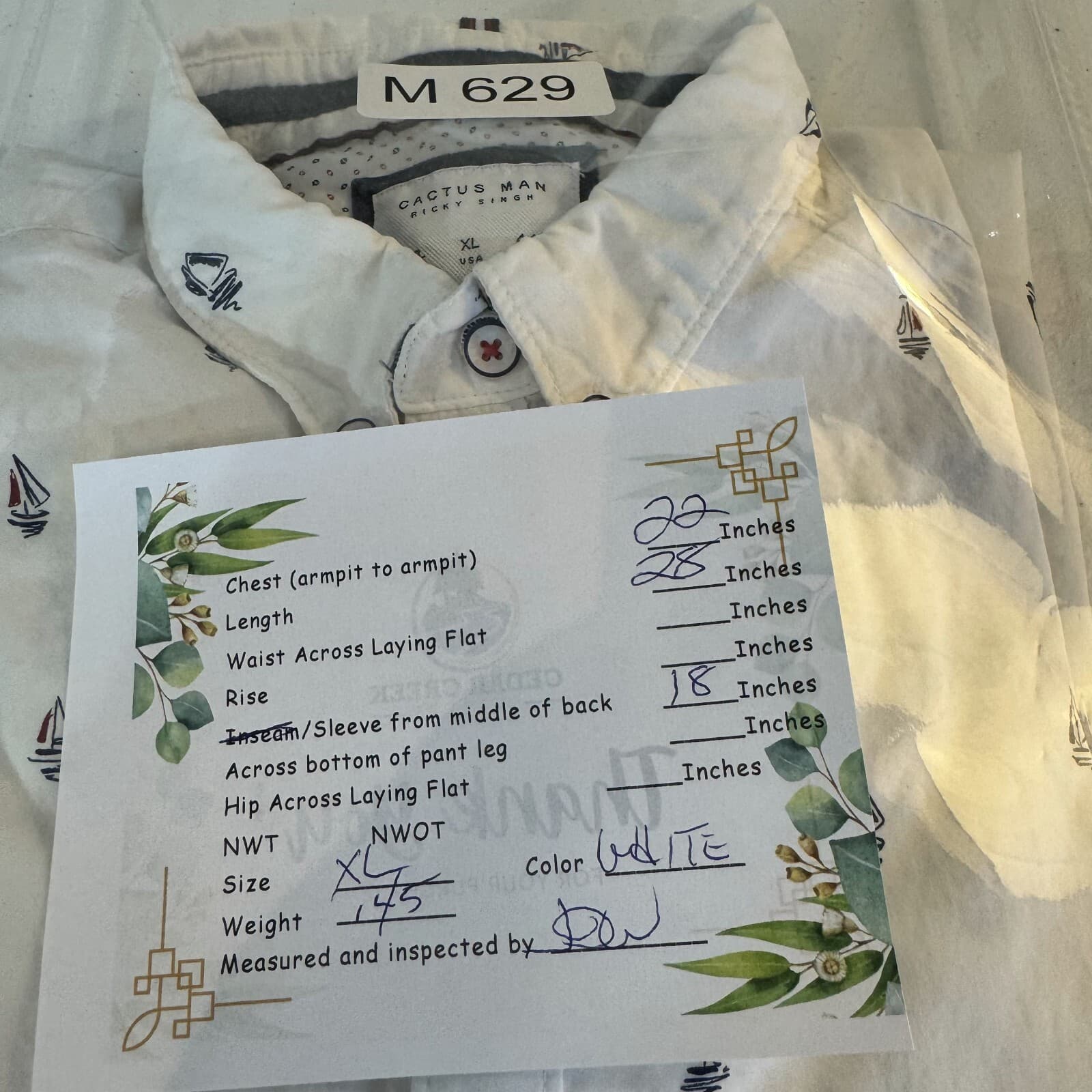 Cactus Man Men’s XL White Boat Print Slim-Fit 100% Cotton Shirt – Button-Down M6 - Thumbnail 8