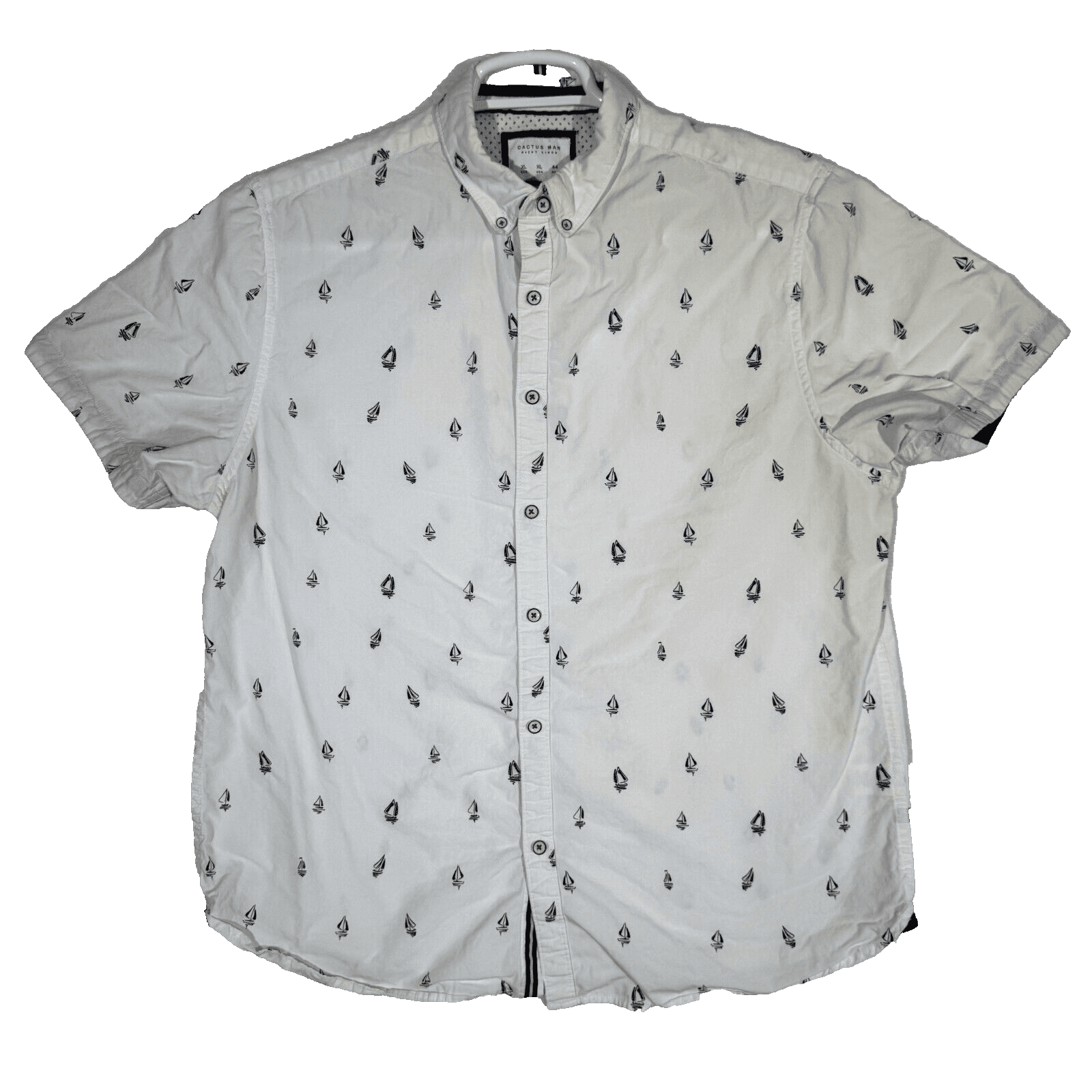 Cactus Man Men’s XL White Boat Print Slim-Fit 100% Cotton Shirt – Button-Down M6 - Image 1