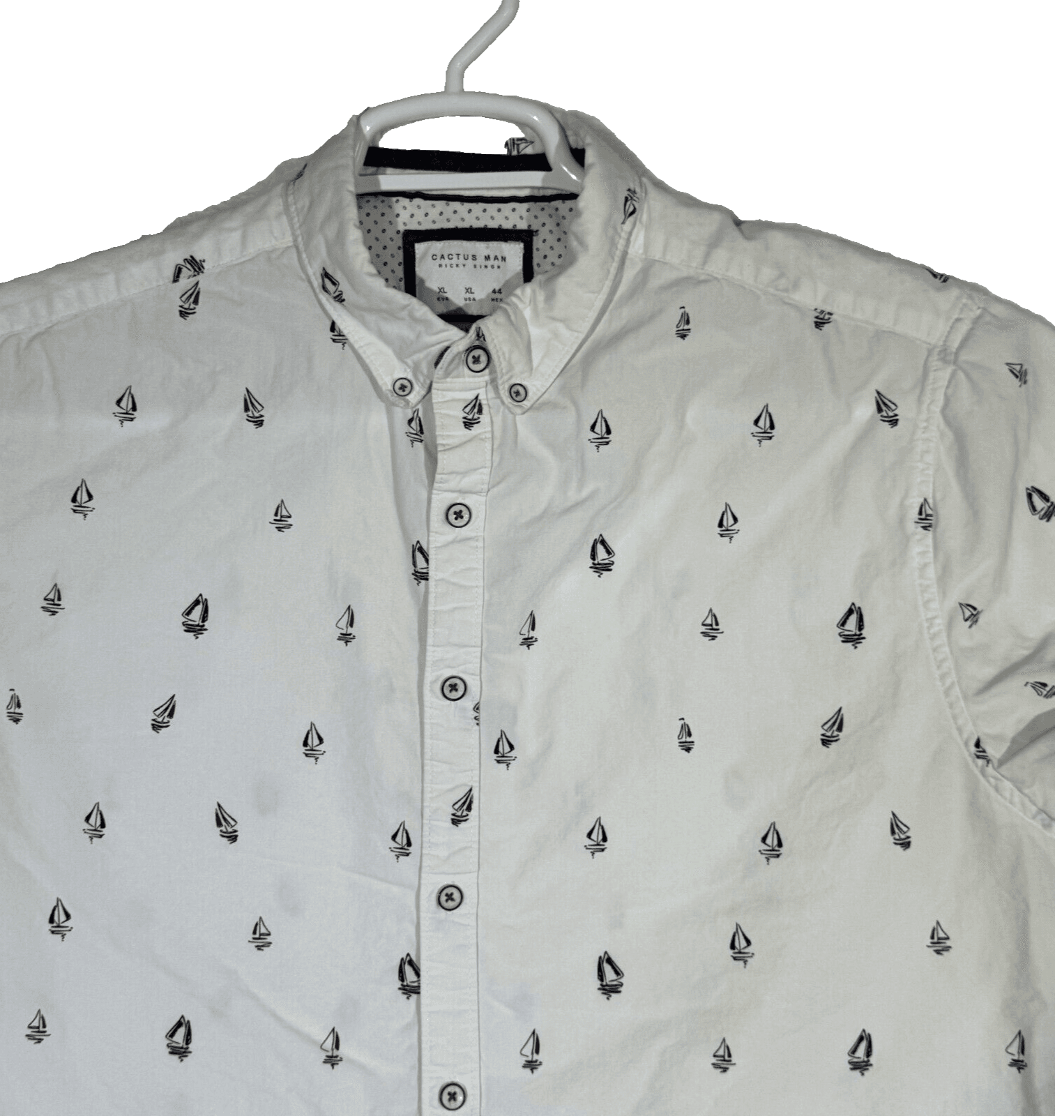 Cactus Man Men’s XL White Boat Print Slim-Fit 100% Cotton Shirt – Button-Down M6 - Thumbnail 3