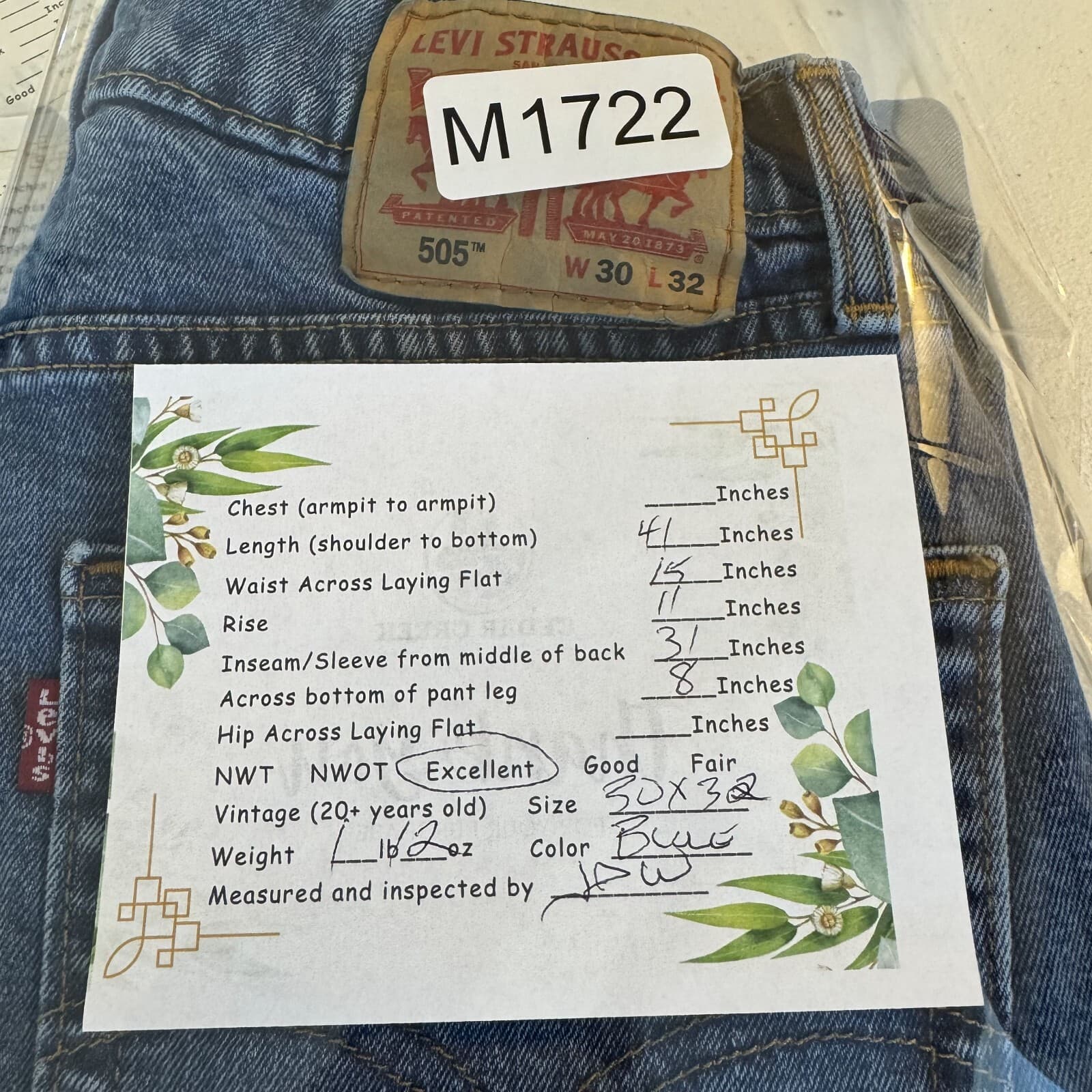 Levis 505 Jeans Mens 30x32 Regular Fit Mid Rise Blue Denim Straight Leg - Thumbnail 8