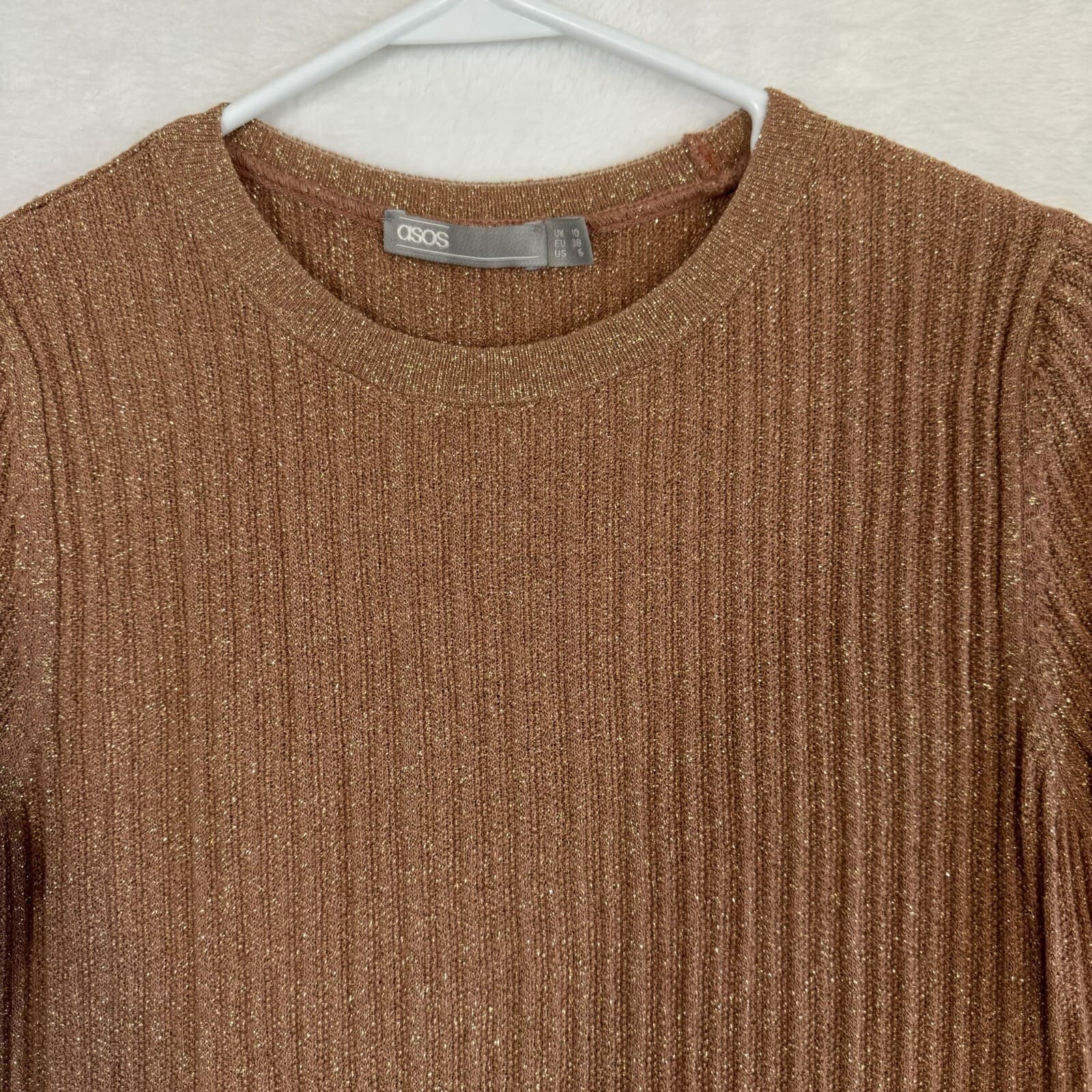 ASOS Tunic Sweater Women’s 6 Brown Copper Sparkle Ribbed Pullover Acrylic W 317 - Thumbnail 5