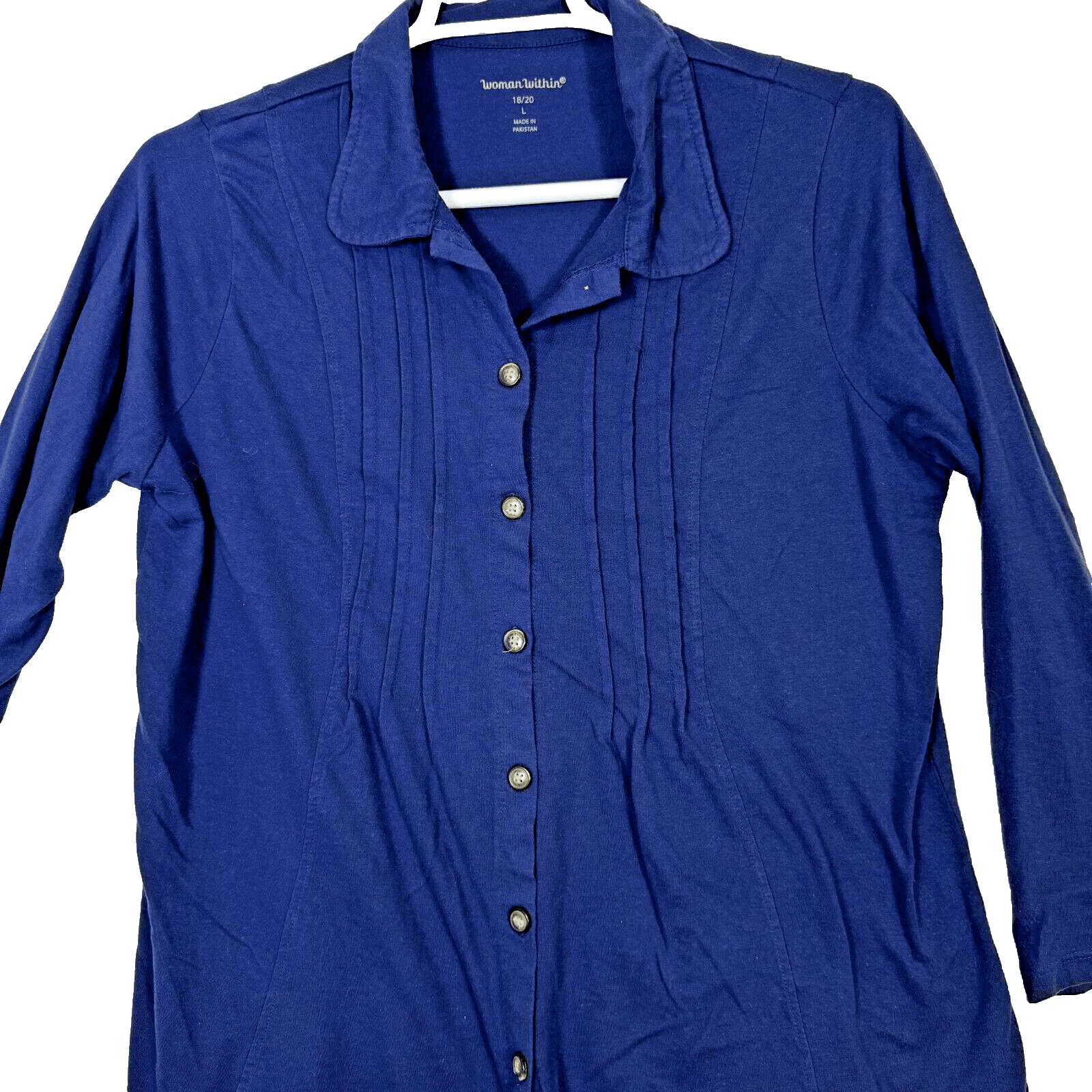 Woman Within Womens Plus 18/20 Pintucked Button-Down Shirt Navy Blue Cotton W313 - Thumbnail 3