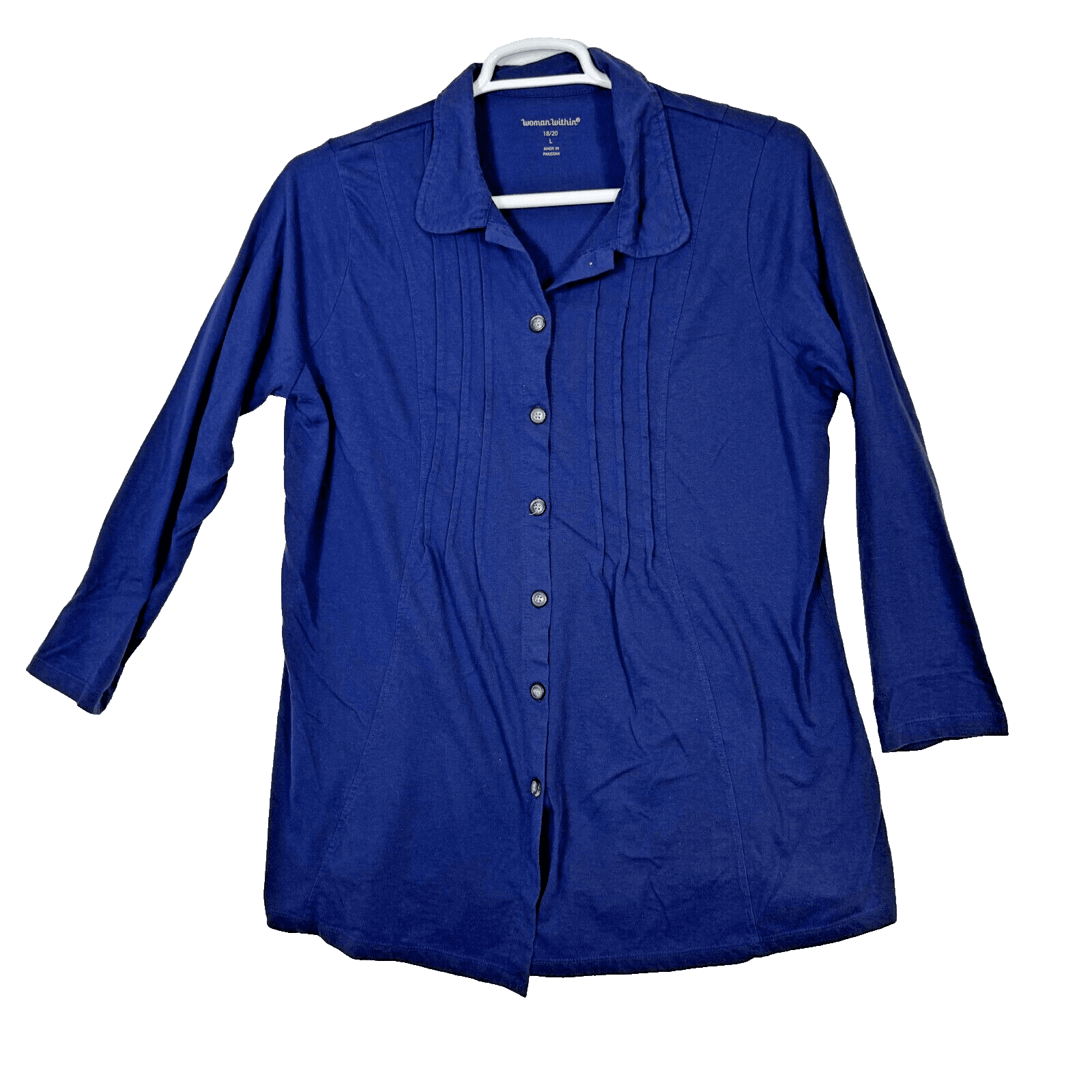 Woman Within Womens Plus 18/20 Pintucked Button-Down Shirt Navy Blue Cotton W313 - Image 1