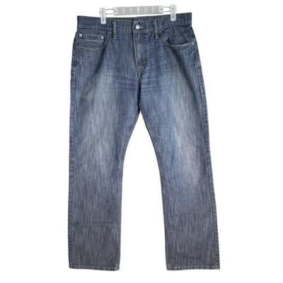 Levis 514 Jeans Mens 34x32 Blue Whiskered Straight Leg Denim Pants Worn Hem - Image 1