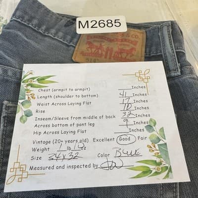 Levis 514 Jeans Mens 34x32 Blue Whiskered Straight Leg Denim Pants Worn Hem - Thumbnail 10