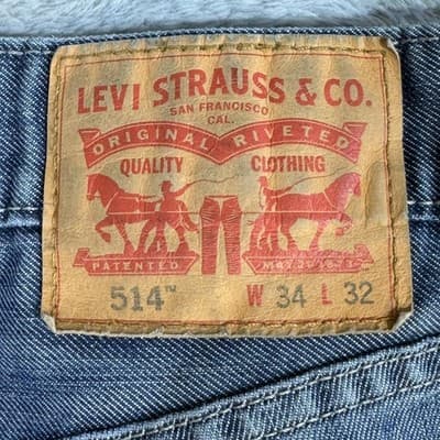 Levis 514 Jeans Mens 34x32 Blue Whiskered Straight Leg Denim Pants Worn Hem - Thumbnail 3