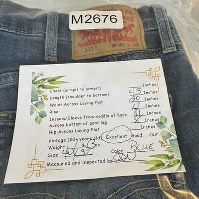 Levis 511 Jeans Mens 40x32 Blue Slim Fit Stretch Denim Whiskered Classic - Thumbnail 9