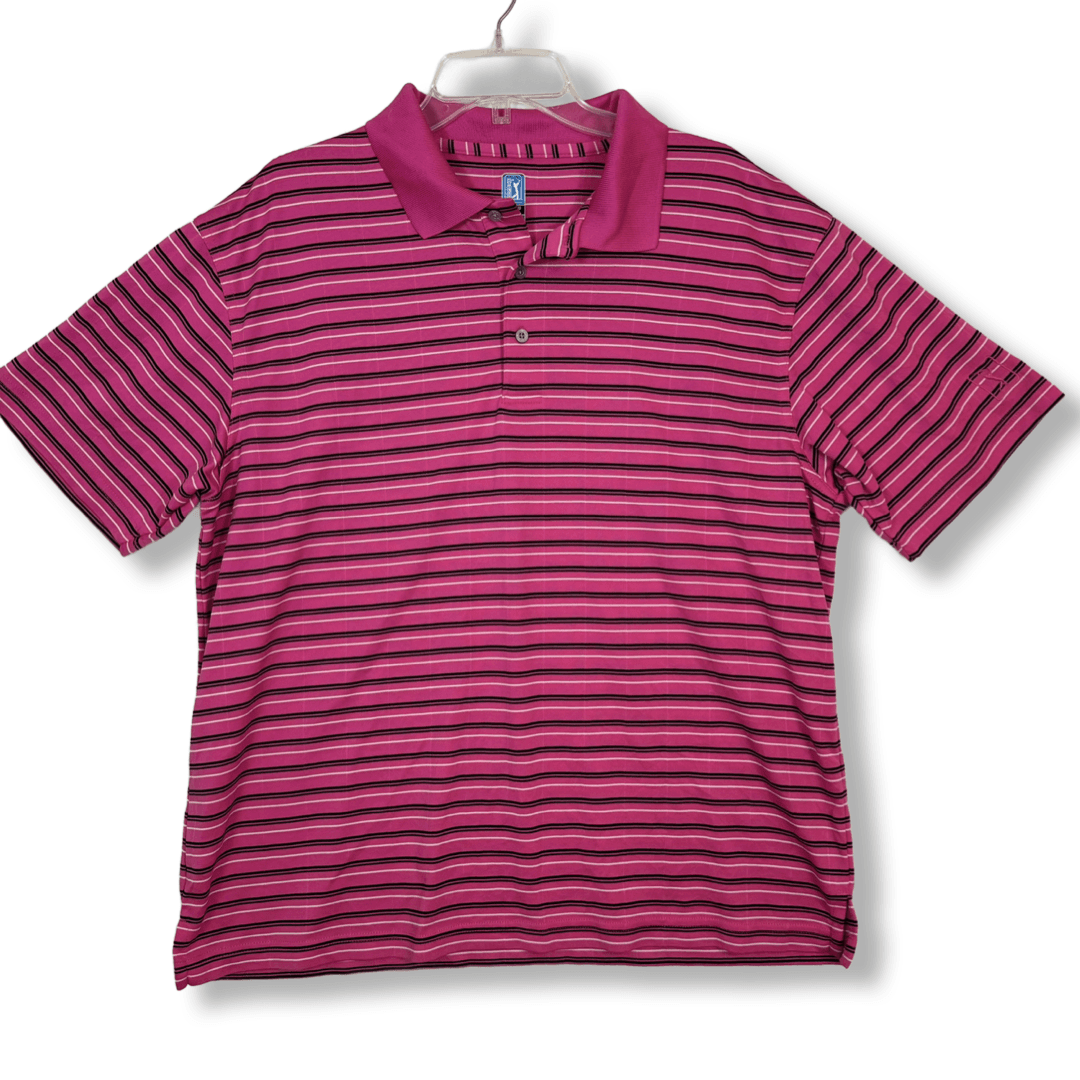 PGA Tour Men's Polo Shirt XL Pink/Black Stripe Golf 3-Button Short Sleeve M86 - Image 1