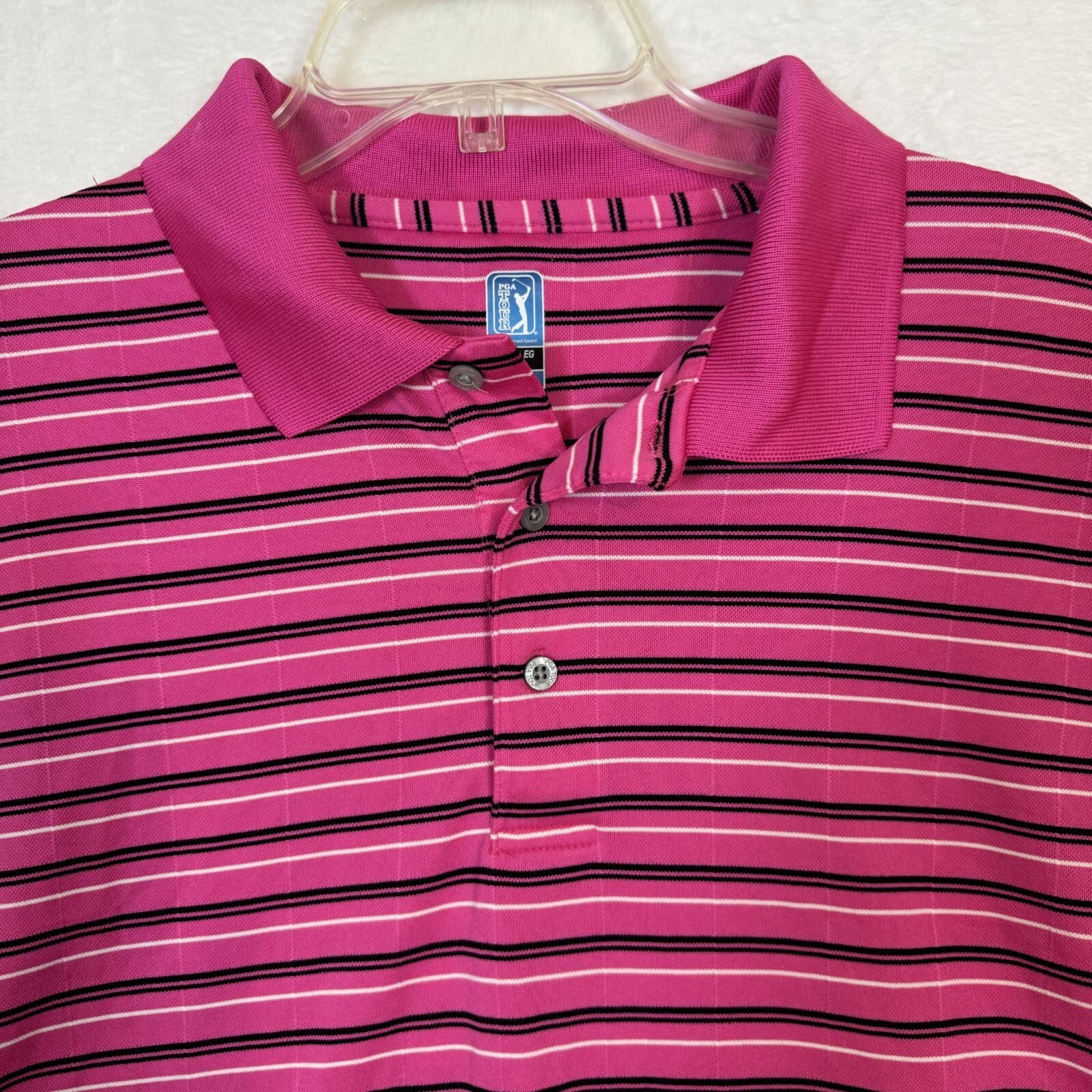 PGA Tour Men's Polo Shirt XL Pink/Black Stripe Golf 3-Button Short Sleeve M86 - Thumbnail 3
