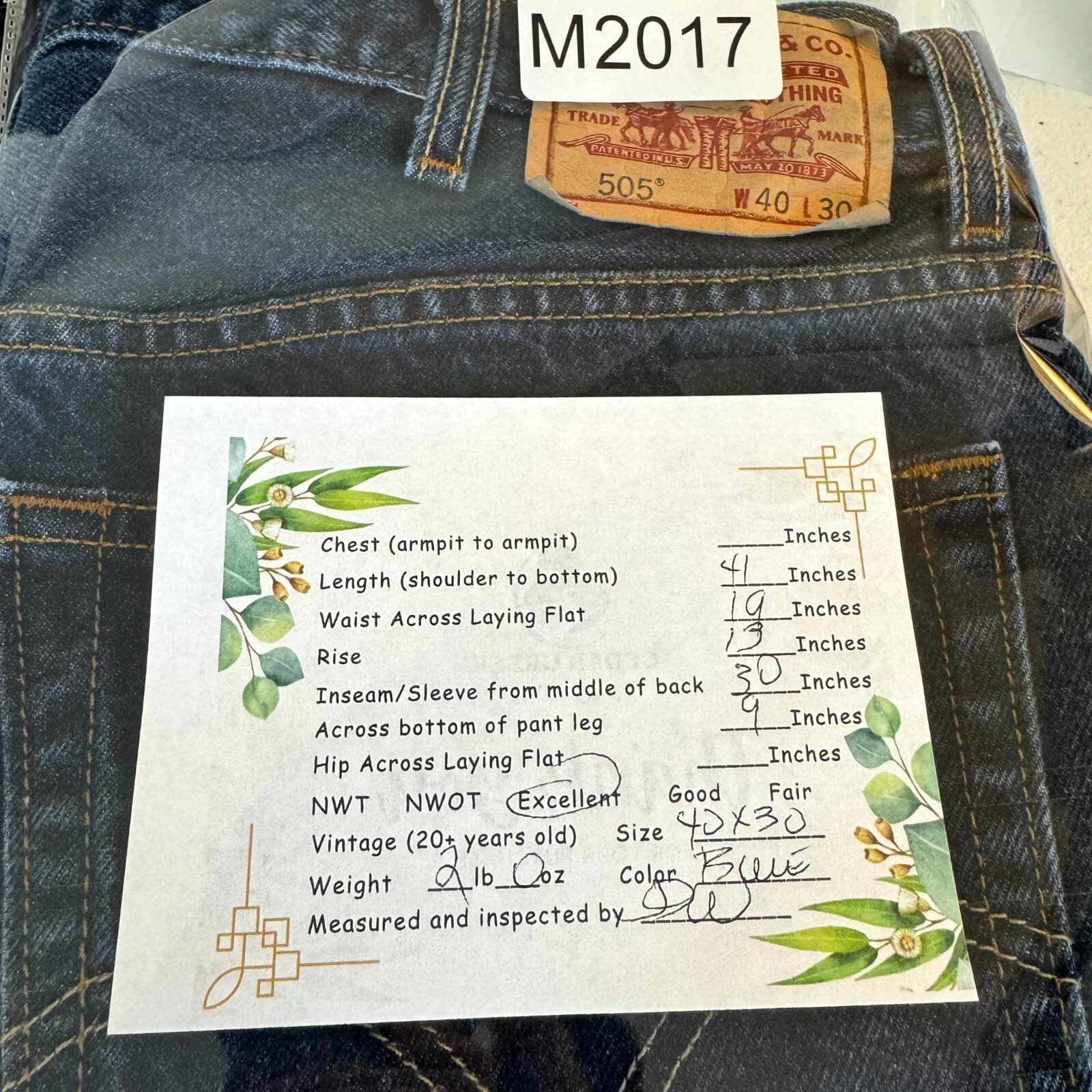 Levis 505 Jeans Mens 40x30 Blue Denim Regular Fit Straight Leg Classic - Thumbnail 7