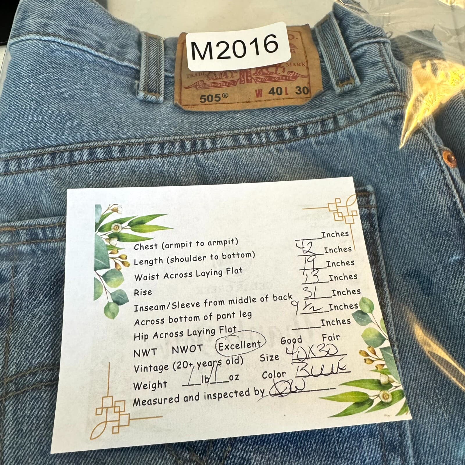 Levis 505 Jeans Mens 40x30 Blue Denim Regular Fit Straight Leg Classic - Thumbnail 7