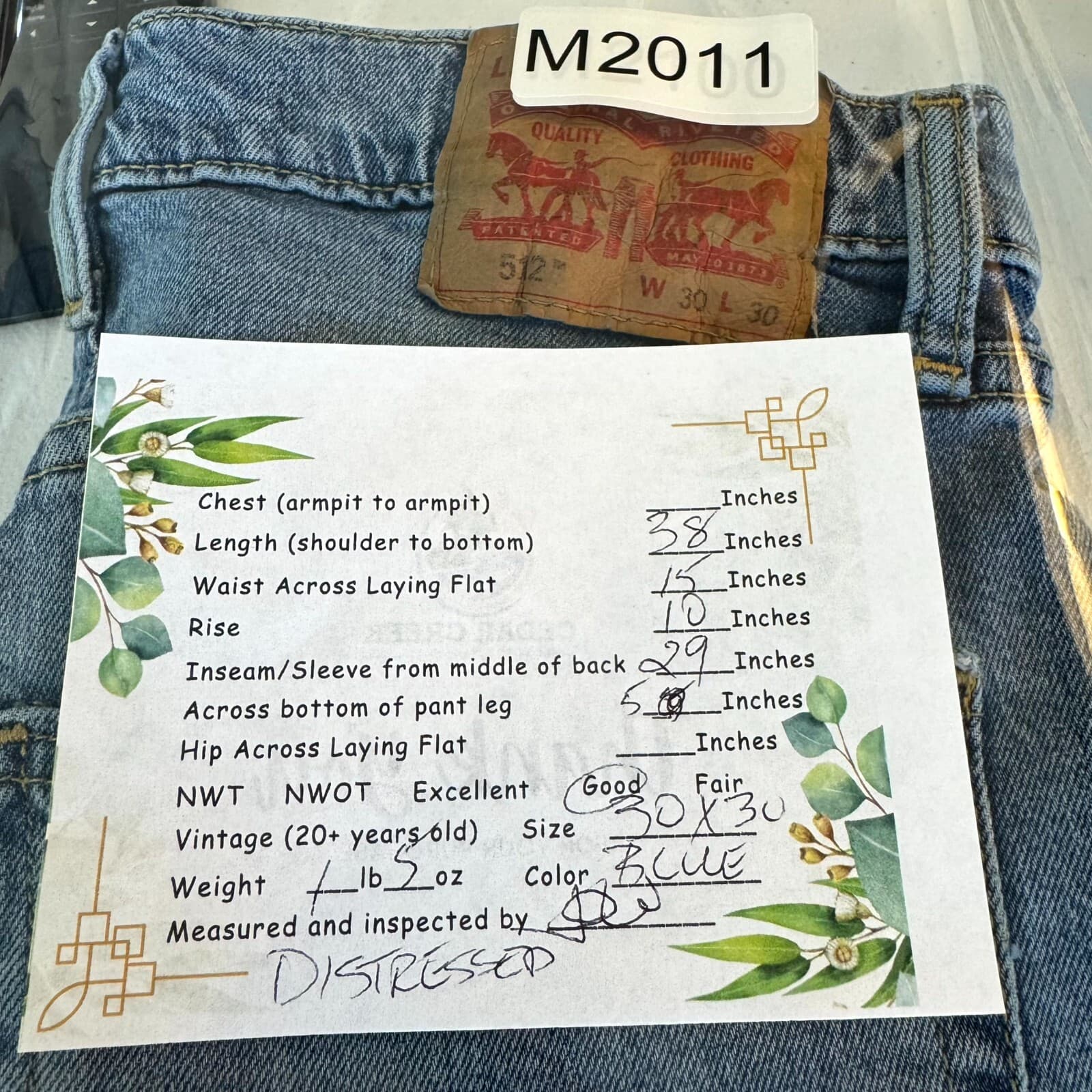 Levis 512 Jeans Mens 30x30 Blue Denim Stretch Slim Tapered Distressed - Thumbnail 8