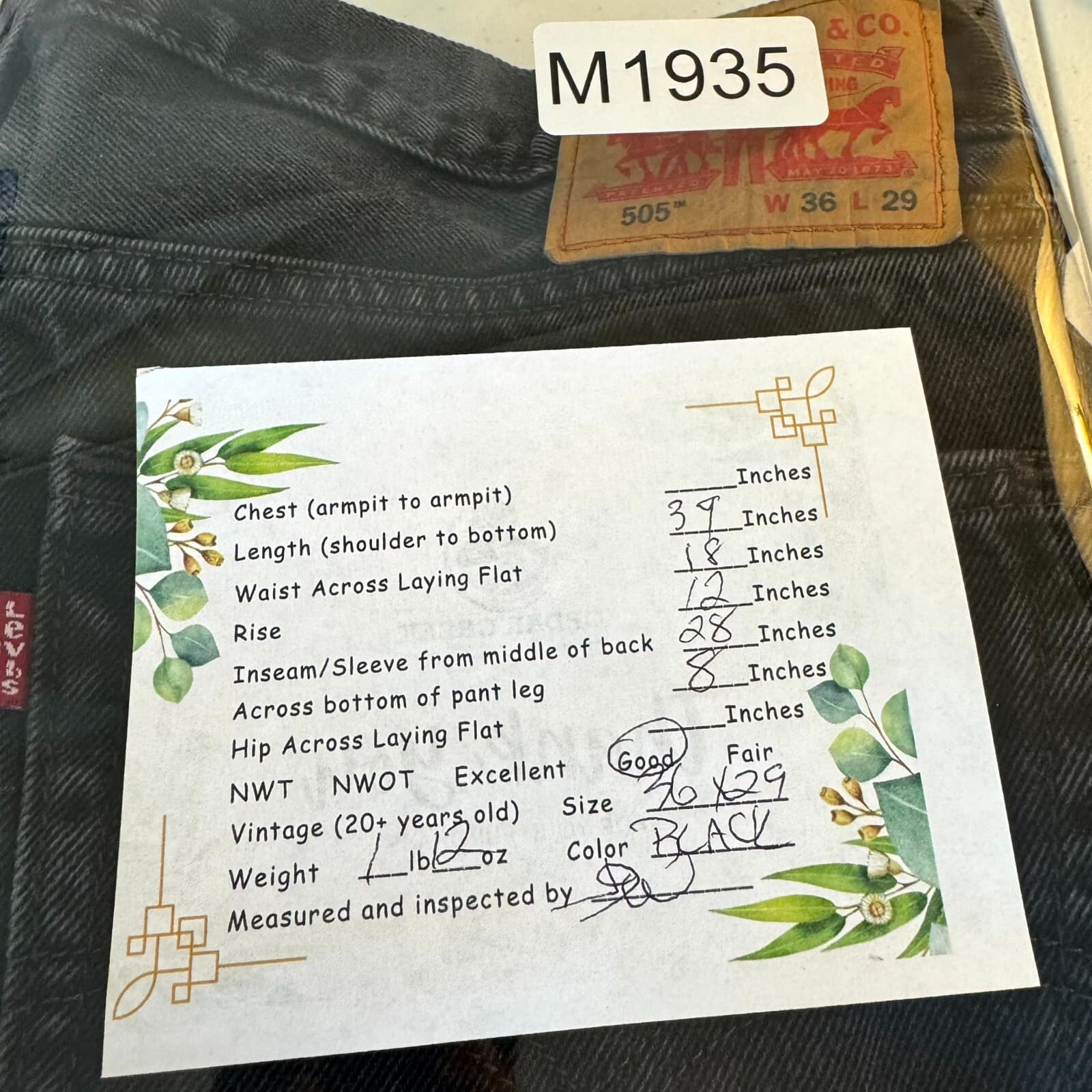 Levis 505 Jeans Mens 36x29 Black Denim Regular Fit Straight Leg Dark Wash - Thumbnail 10