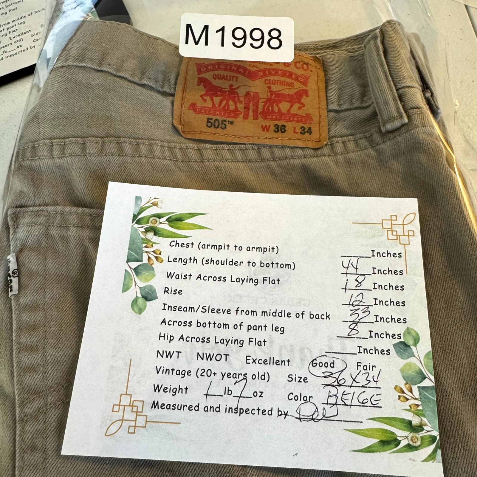 Levis 505 Jeans Mens 36x34 Beige Denim Regular Fit Straight Leg Khaki - Thumbnail 8