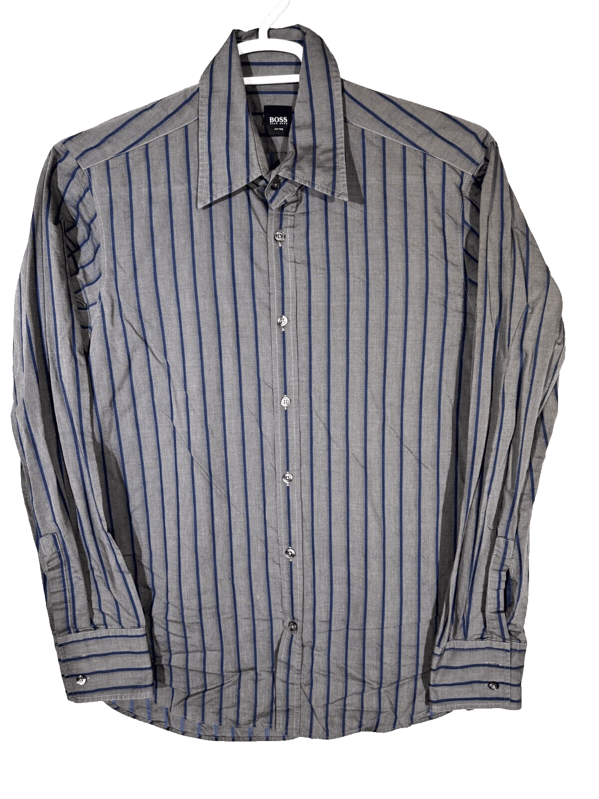 Hugo Boss Men’s Shirt Large Gray Stripe 100% Cotton Fitted Button-Up Excellent - Image 1