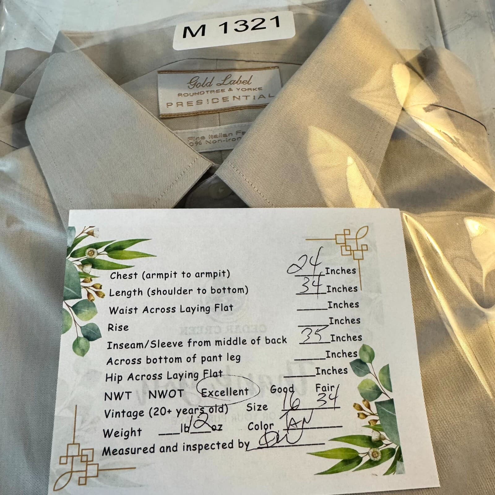 Gold Label Men’s Dress Shirt 16/34 Tan 100% Cotton Fitted Career Formal - Thumbnail 9