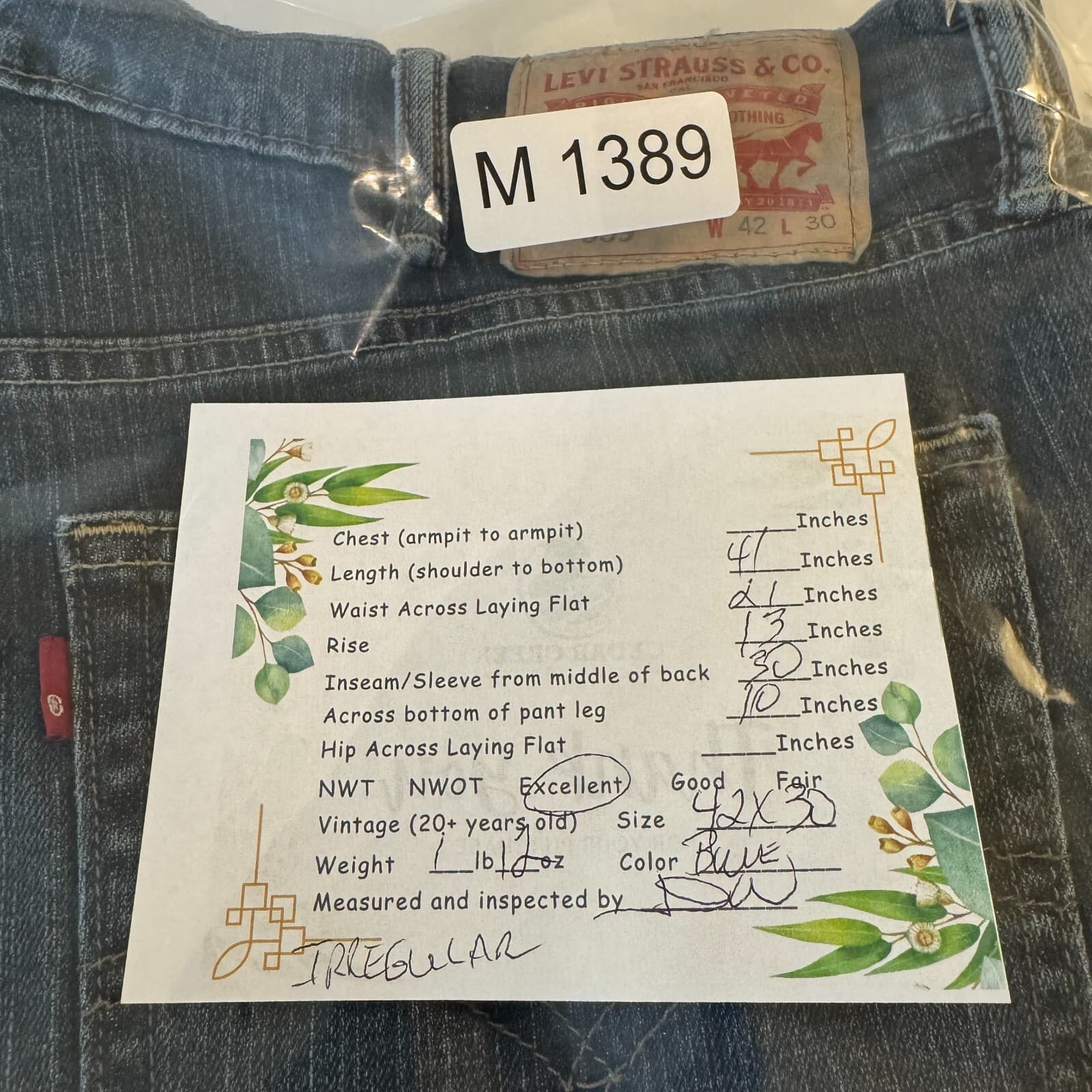 Levi’s 559 Mens Jeans 42x30 Blue Denim High Rise Straight Leg 100% Cotton - Thumbnail 9