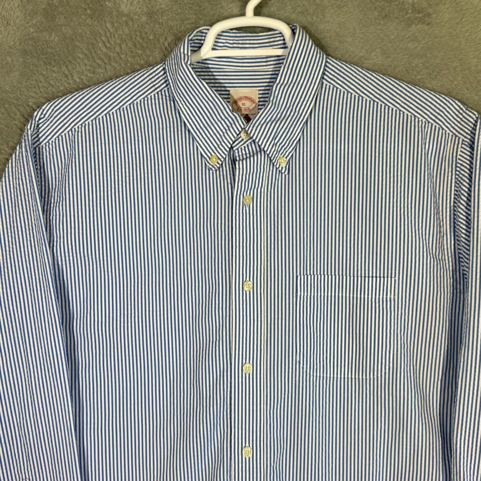 Brooks Brothers 1818 Dress Shirt Mens XL Button Down Cotton Blue White Stripe - Thumbnail 4