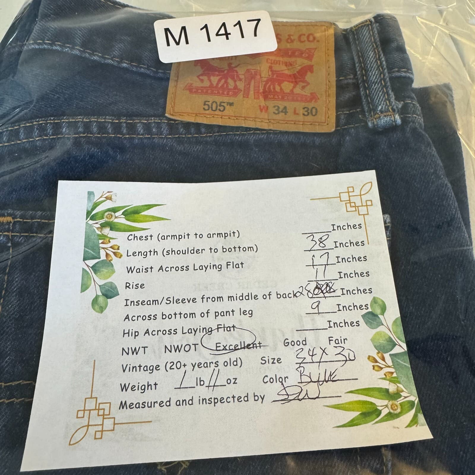 Levi’s 505 Mens Jeans 34x30 Blue Denim Stretch Mid Rise Straight Leg - Thumbnail 9