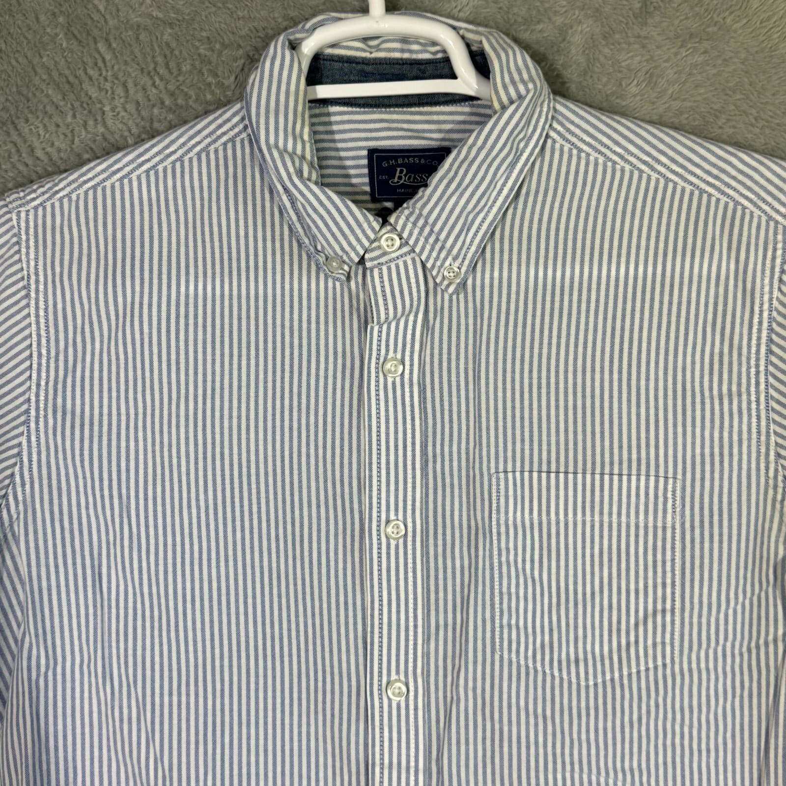 G.H. Bass & Co Mens Button Down Shirt Large Blue White Stripe 100% Cotton - Thumbnail 4