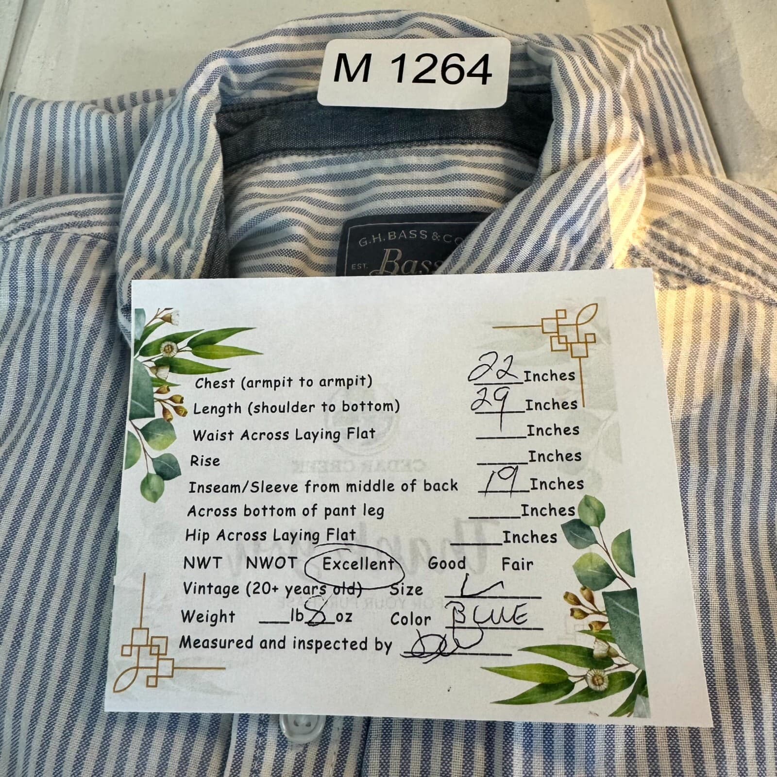 G.H. Bass & Co Mens Button Down Shirt Large Blue White Stripe 100% Cotton - Thumbnail 9