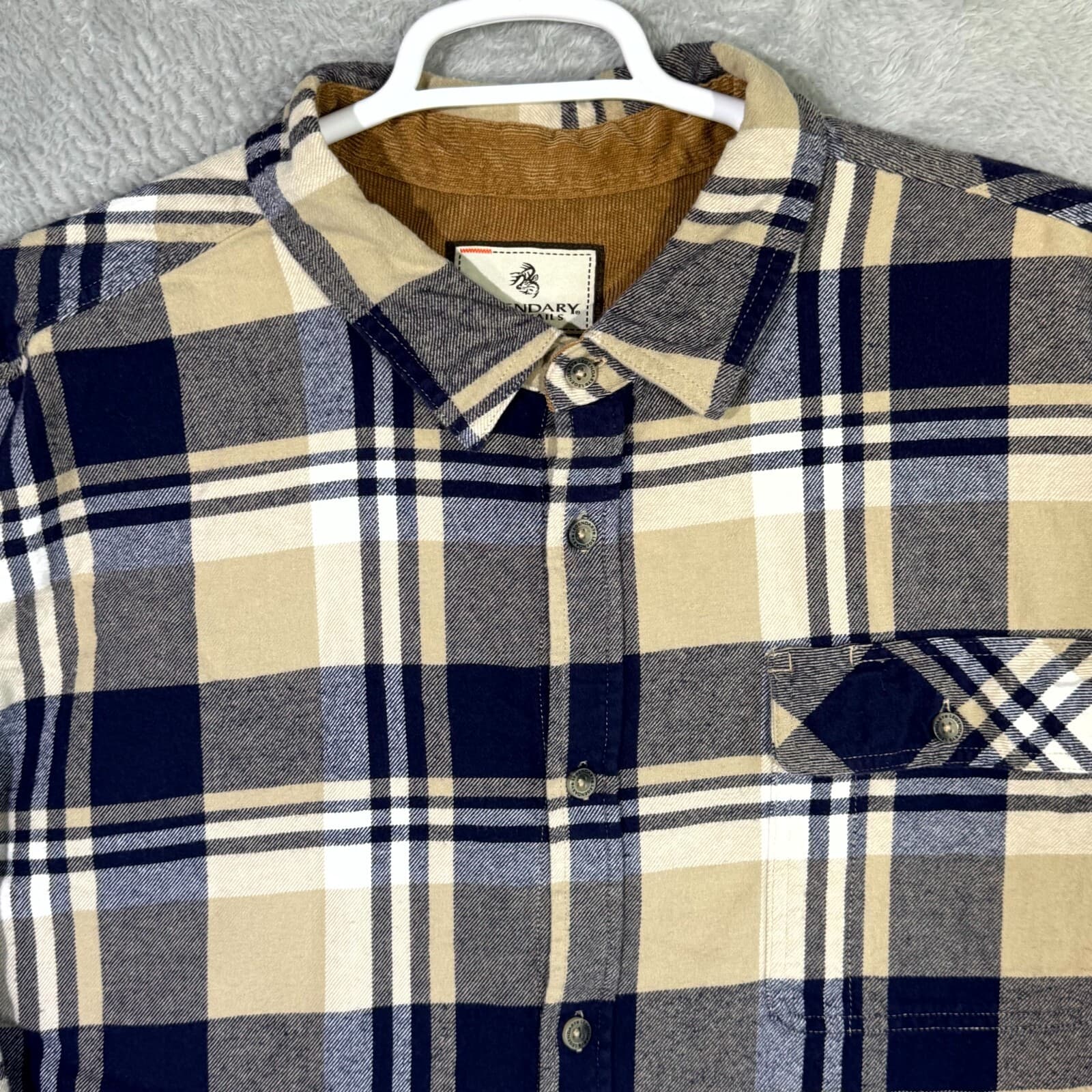 Legendary Whitetails Buck Camp Mens Button Up Shirt 2XL Navy Tan Plaid Cotton - Thumbnail 4