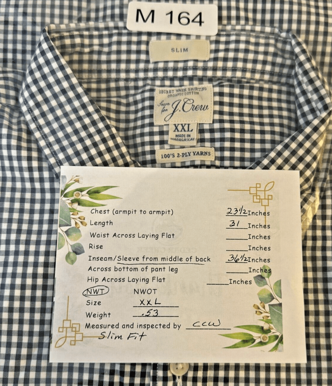 J.Crew Men's 2XL Slim Fit White Black Check 2‑Ply Cotton Button‑Down Shirt M164 - Thumbnail 8