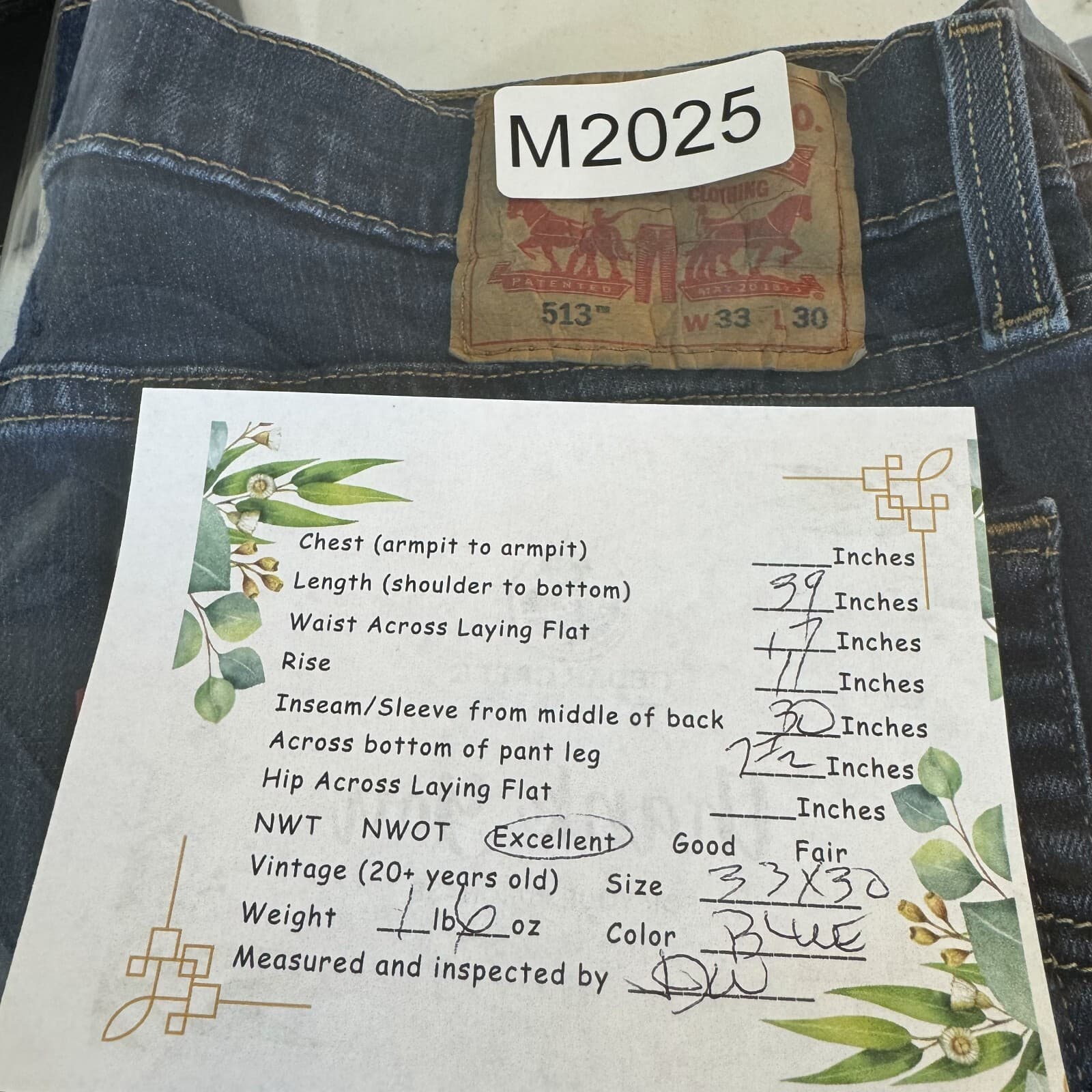 Levi's 513 Men's Jeans 33 X 30 Blue Denim Mid-Rise Slim Fit Straight Leg Zip Fly - Thumbnail 5