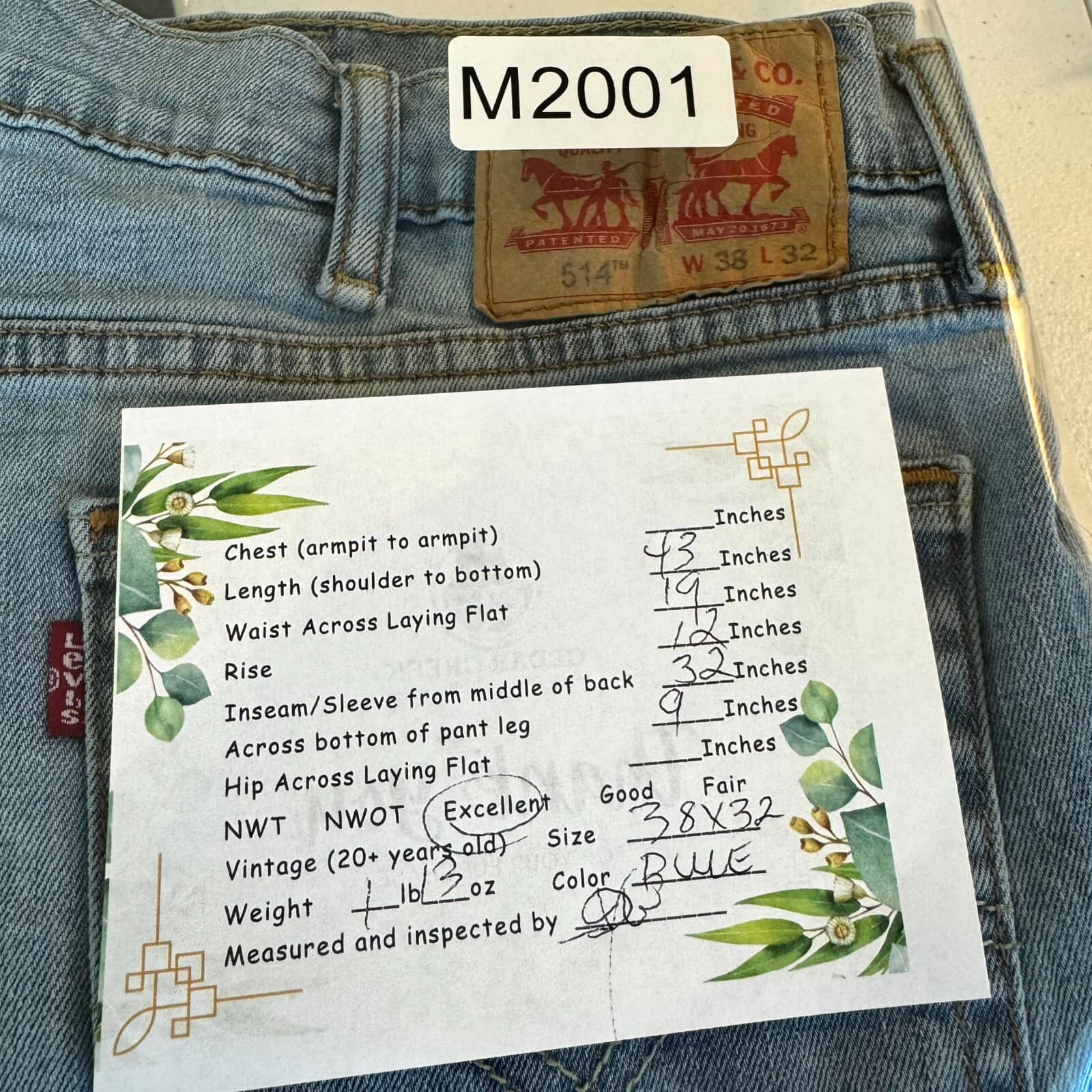 Levi's 514 Men's Jeans 38 X 32 Blue Denim Stretch Mid-Rise Straight Fit Zip Fly - Thumbnail 8