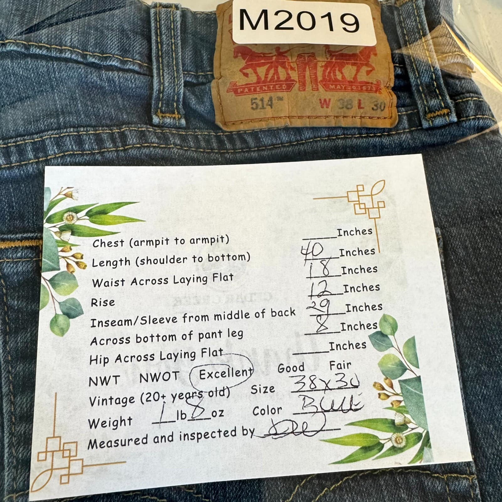 Levi's 514 Men's Jeans 38X30 Blue Denim Mid-Rise 5-Pockets Straight Fit Zip Fly - Thumbnail 9