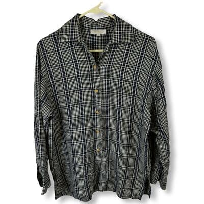 Corida Blouse Women's 1 Cream & Black Checkered Button-Front Long Sleeve Top W57 - Image 1