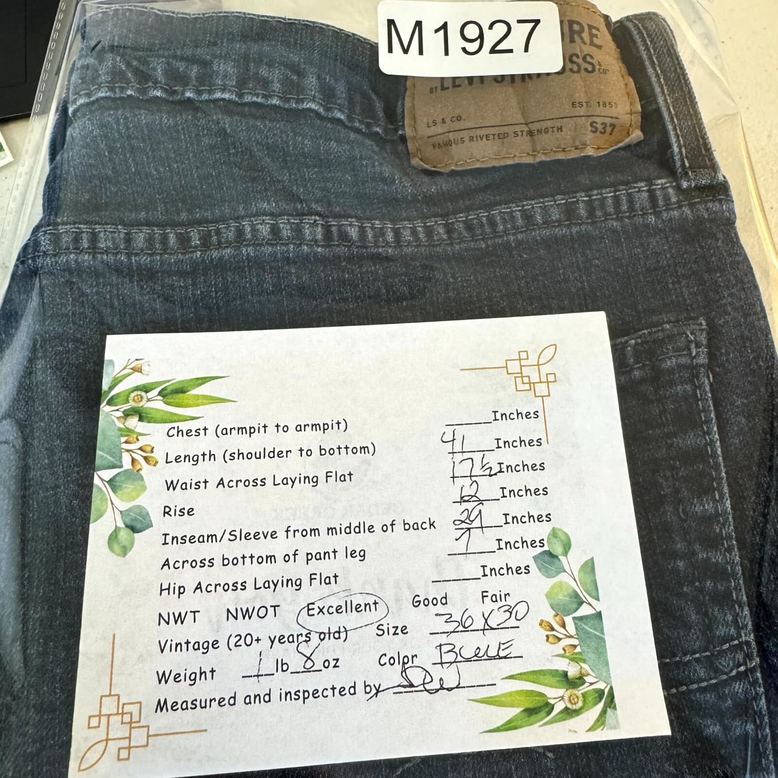 Levi's S37 Men Jeans 36X30 Blue Denim Stretch Mid-Rise Slim Fit Straight Zip Fly - Thumbnail 8