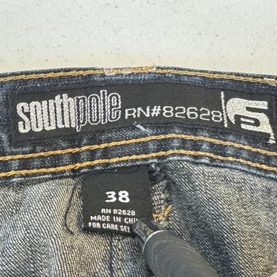 Southpole Jeans Mens 38x32 Whiskered Distressed Straight Leg Back Flap Pockets - Thumbnail 6