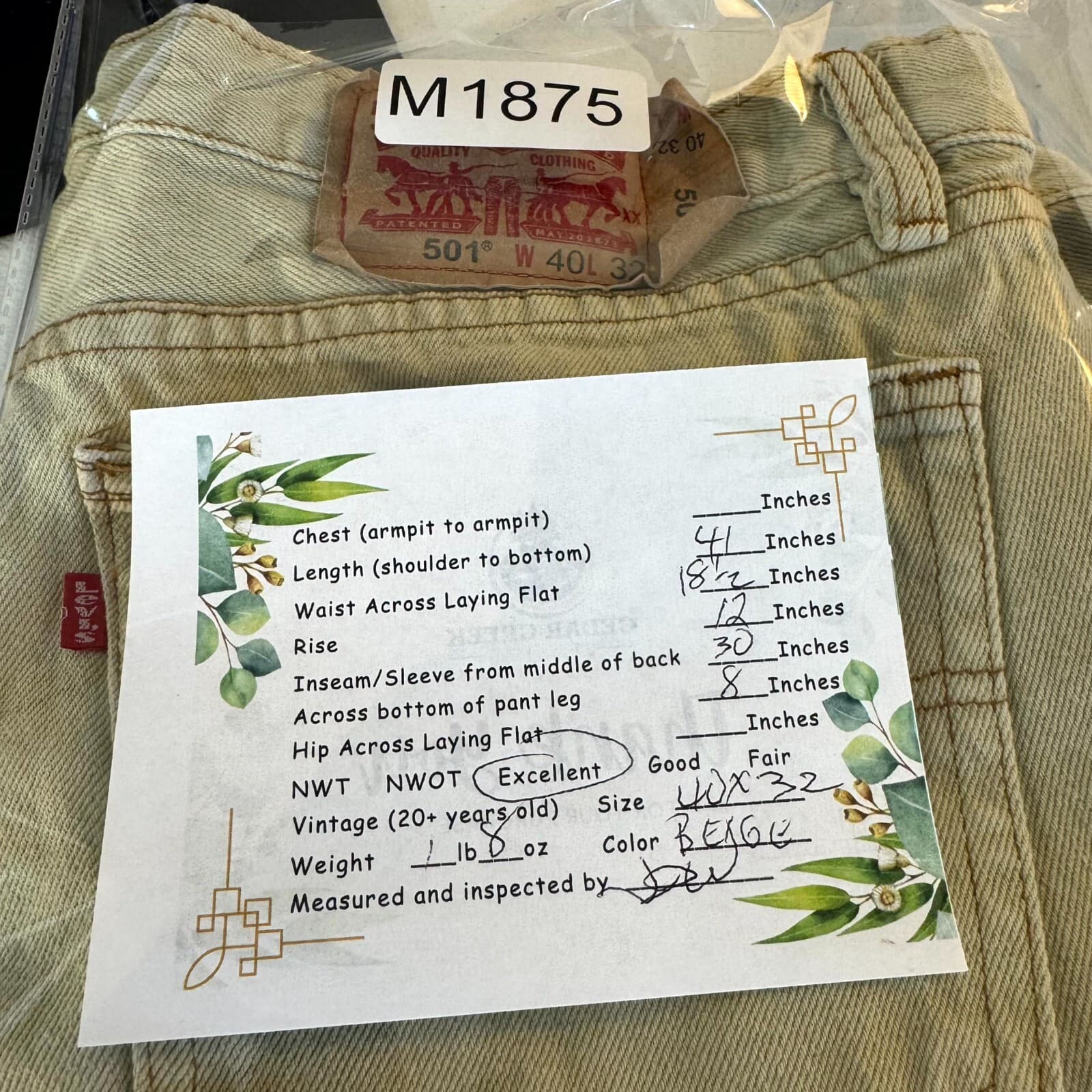 Levis 501 Mens 40x32 Beige Denim Original Fit Button Fly Straight Jeans - Thumbnail 4