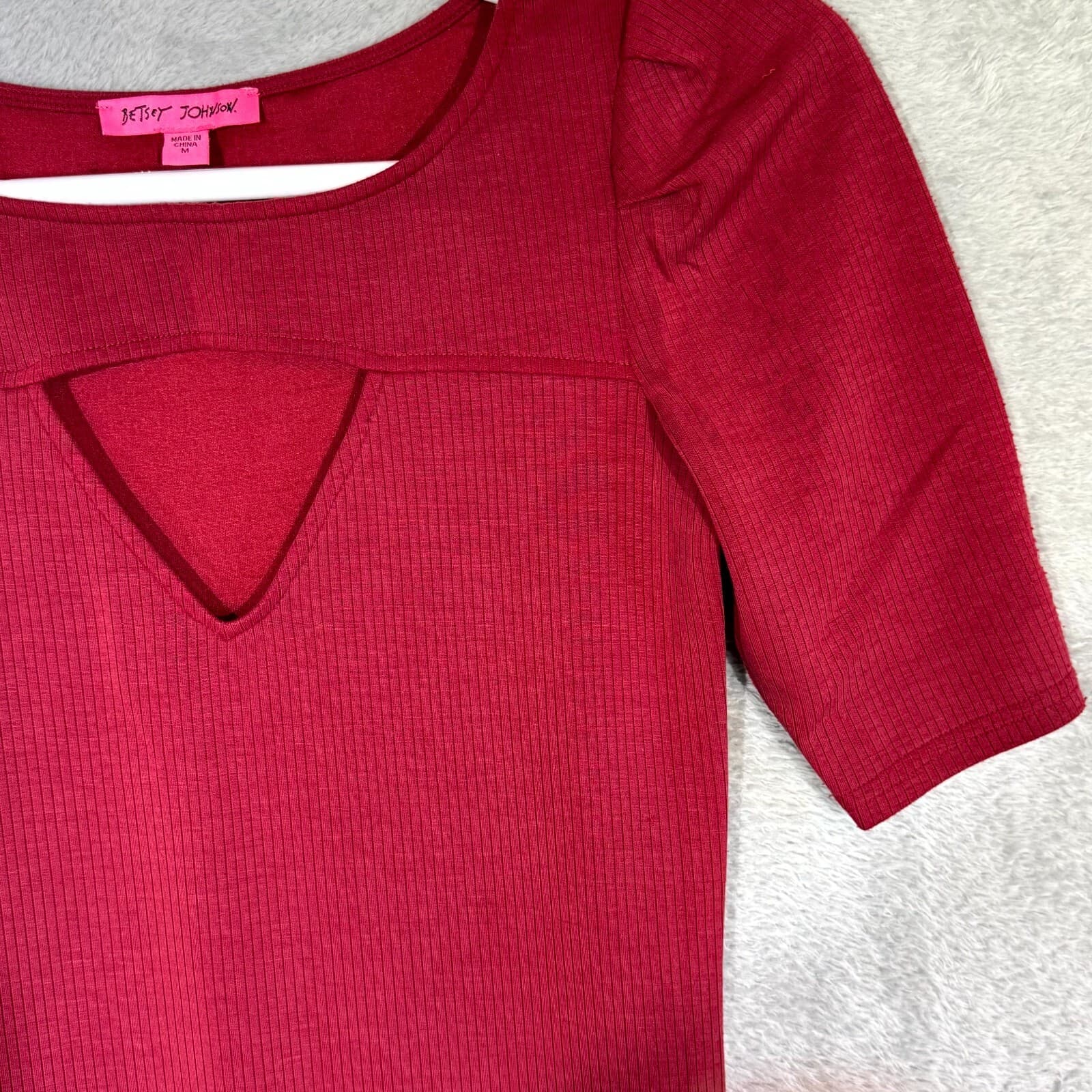 Betsey Johnson Womens Bodycon Dress Medium Maroon Ribbed Pleated Short Sleeve - Thumbnail 6