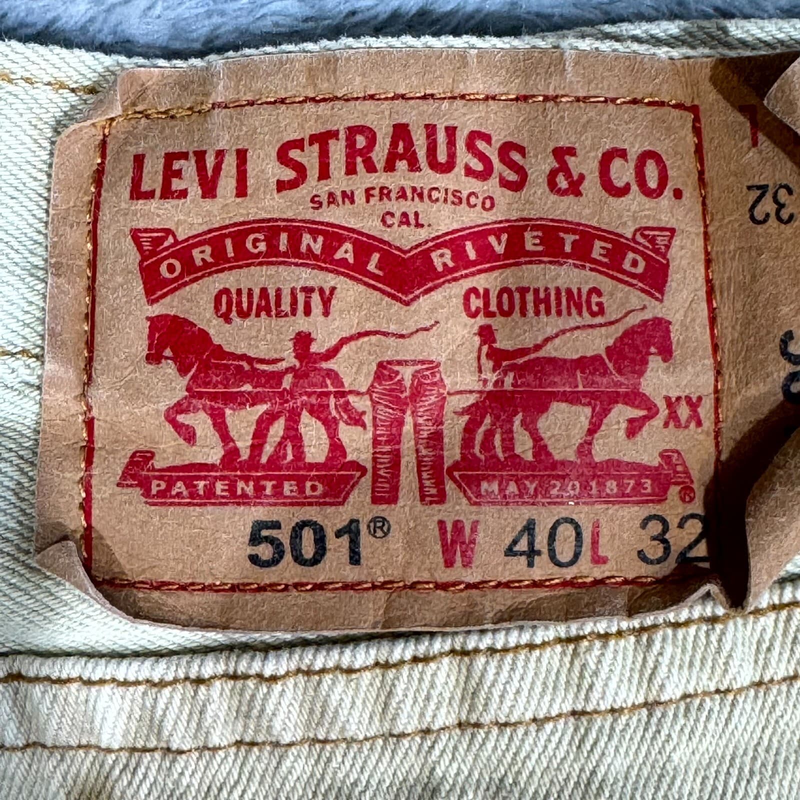 Levis 501 Mens 40x32 Beige Denim Original Fit Button Fly Straight Jeans - Thumbnail 3