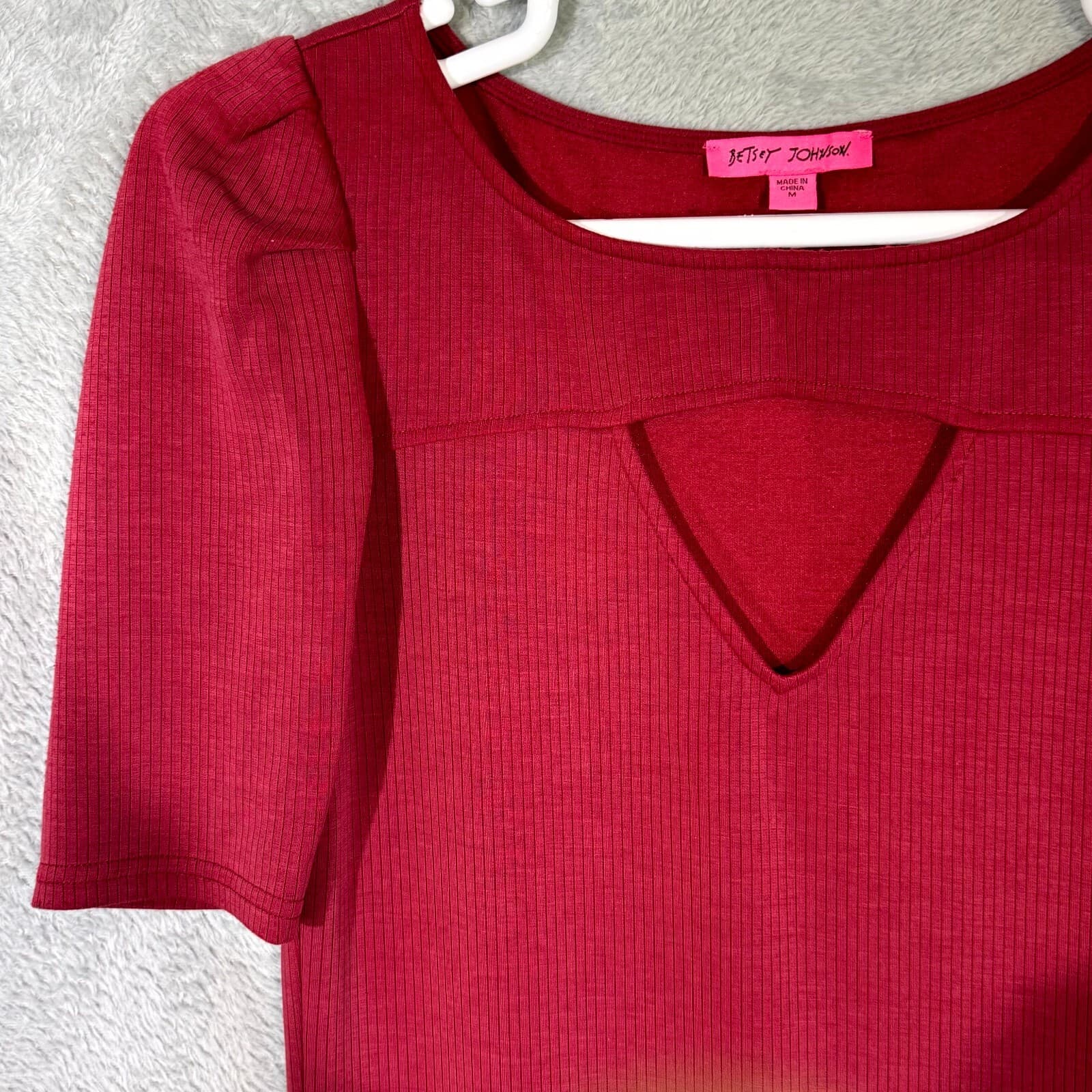 Betsey Johnson Womens Bodycon Dress Medium Maroon Ribbed Pleated Short Sleeve - Thumbnail 4