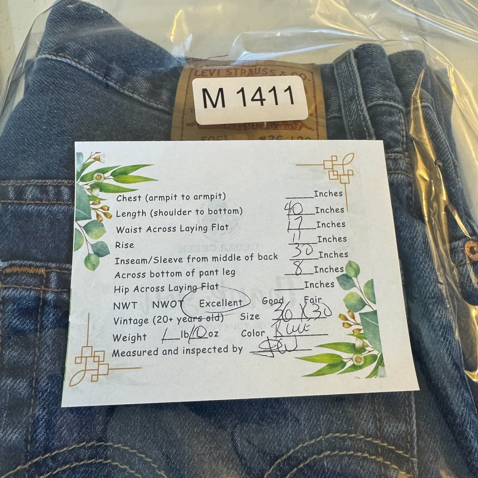 Levis 505 Mens Jeans 36x30 Regular Fit Stretch Mid Rise Blue Denim - Thumbnail 9