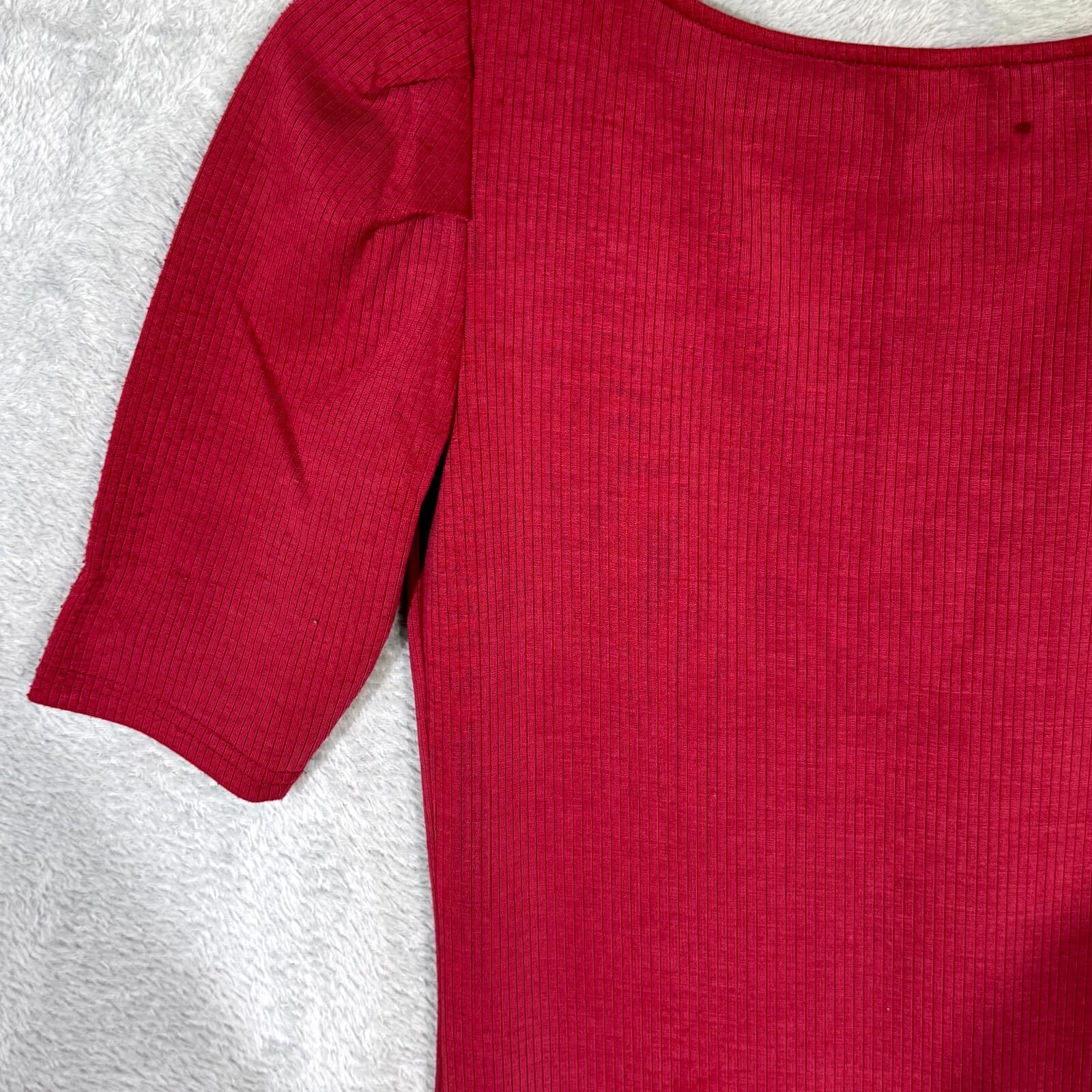 Betsey Johnson Womens Bodycon Dress Medium Maroon Ribbed Pleated Short Sleeve - Thumbnail 10