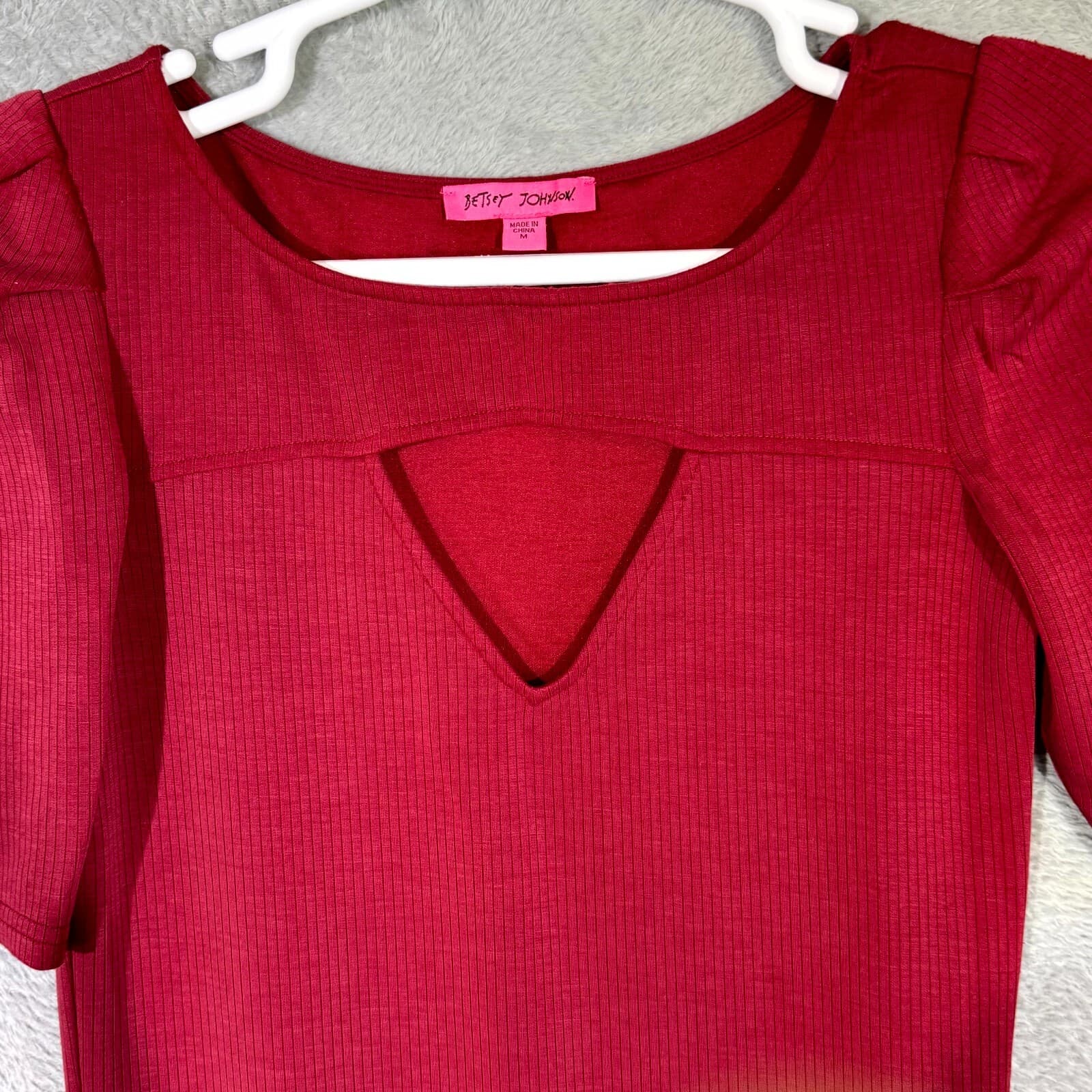 Betsey Johnson Womens Bodycon Dress Medium Maroon Ribbed Pleated Short Sleeve - Thumbnail 5