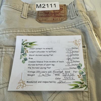 Levis 505 Jeans Mens 38x34 Beige Regular Fit Straight Leg Denim Pants Cotton Zip - Thumbnail 7