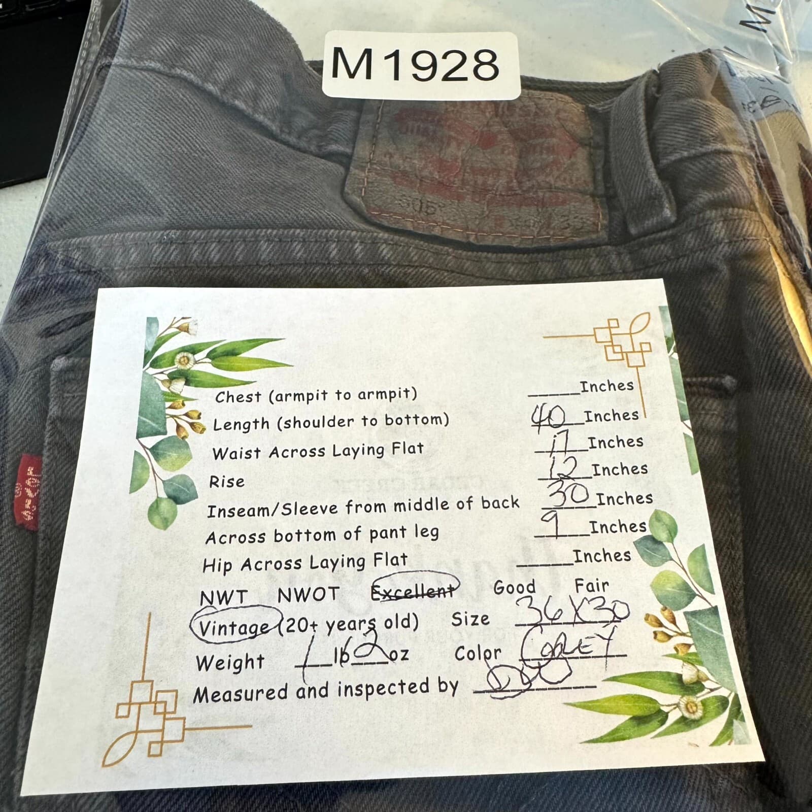 Vintage Levi's 505 Men's 36x30 Gray Denim Regular Fit Straight Jeans - Thumbnail 8