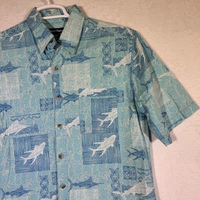 West Marine Shirt Mens Medium Blue Fish Nautical Hawaiian Camp Button Up Print - Thumbnail 6