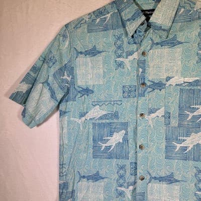 West Marine Shirt Mens Medium Blue Fish Nautical Hawaiian Camp Button Up Print - Thumbnail 4