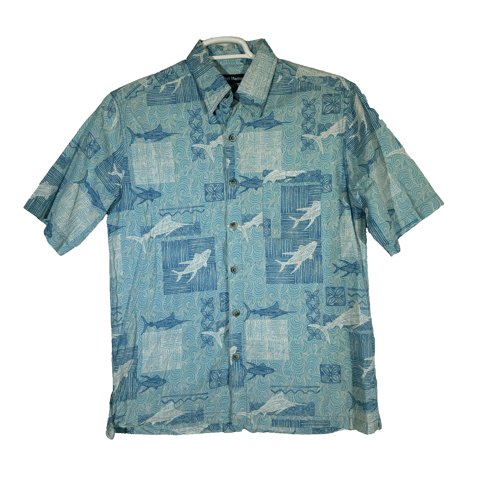West Marine Shirt Mens Medium Blue Fish Nautical Hawaiian Camp Button Up Print - Image 1