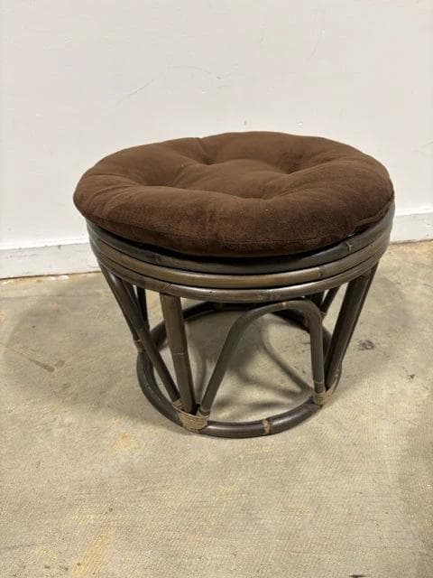 Rattan Footstool with Brown Tufted Cushion - Image 1