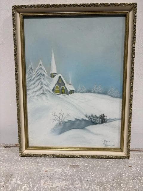 Snowy Church Scene in White Frame by Mary Watson - Image 1