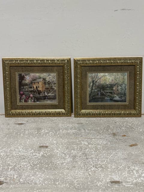Set of 2 Old Mill Scenes in Gold Framed Art - Image 1
