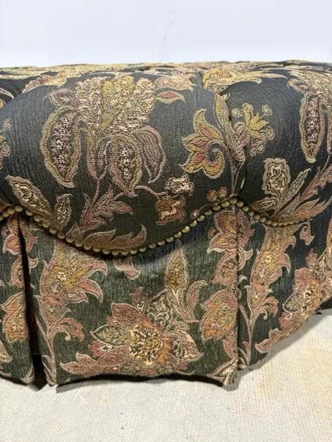 Henredon Schoonbeck Round Tufted Green Floral Ottoman With Nailheads - Thumbnail 2